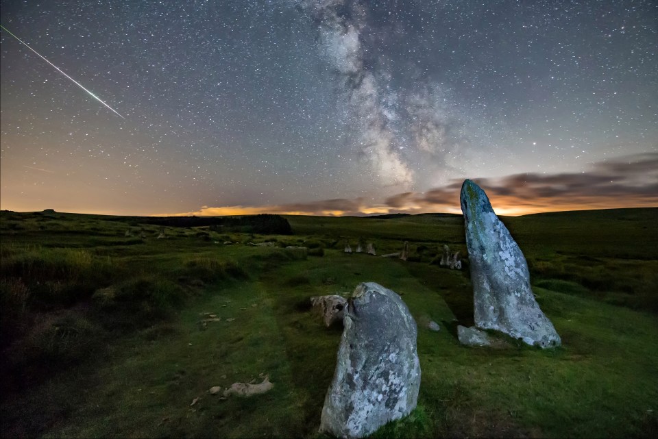  The Perseid Meteor Shower seen over The Scorhill Stone Circle in Dartmoor, Devon