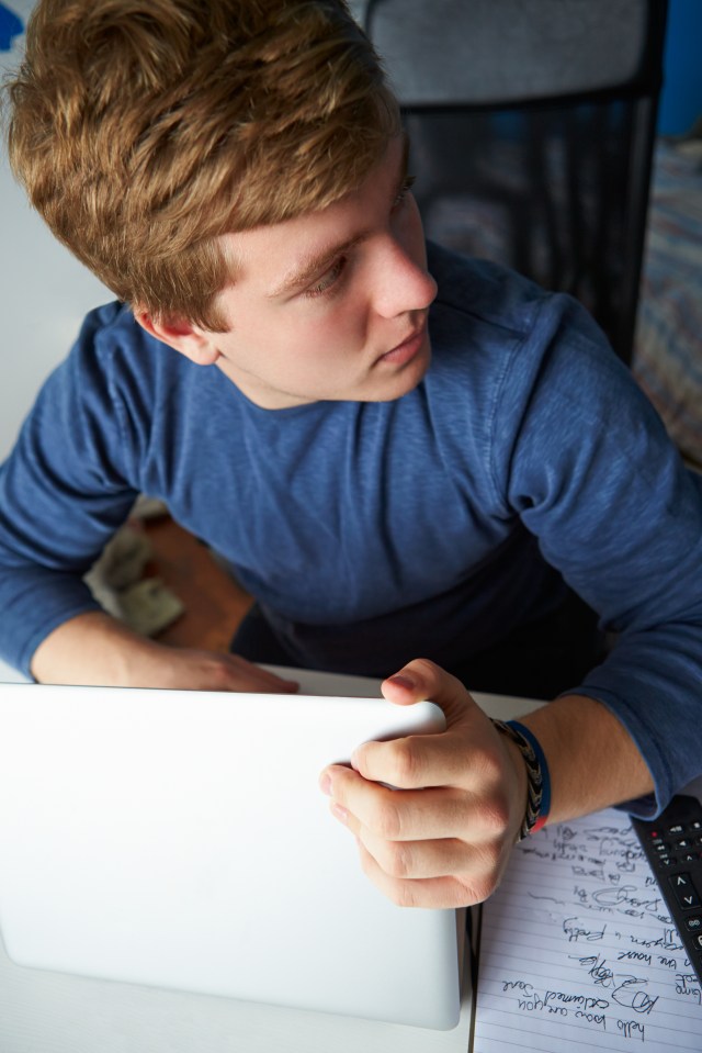 Teenage Boy Behaving Suspiciously Whilst Using Laptop