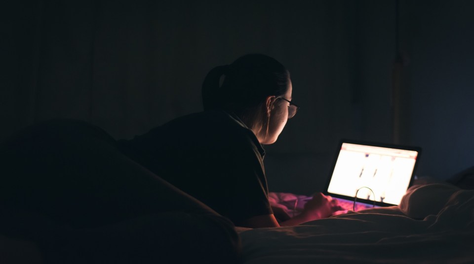 Rear View Of Woman Using Laptop On Bed