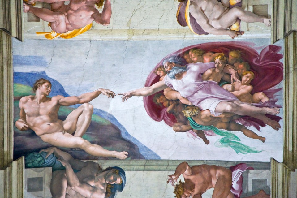  The central scene of the chapel shows God reaching out to touch Adam