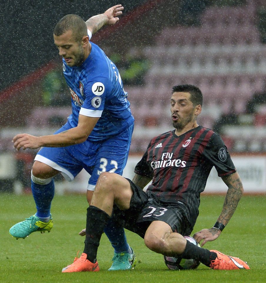 ack Wilshere in action with AC Milan's Jose Sosa