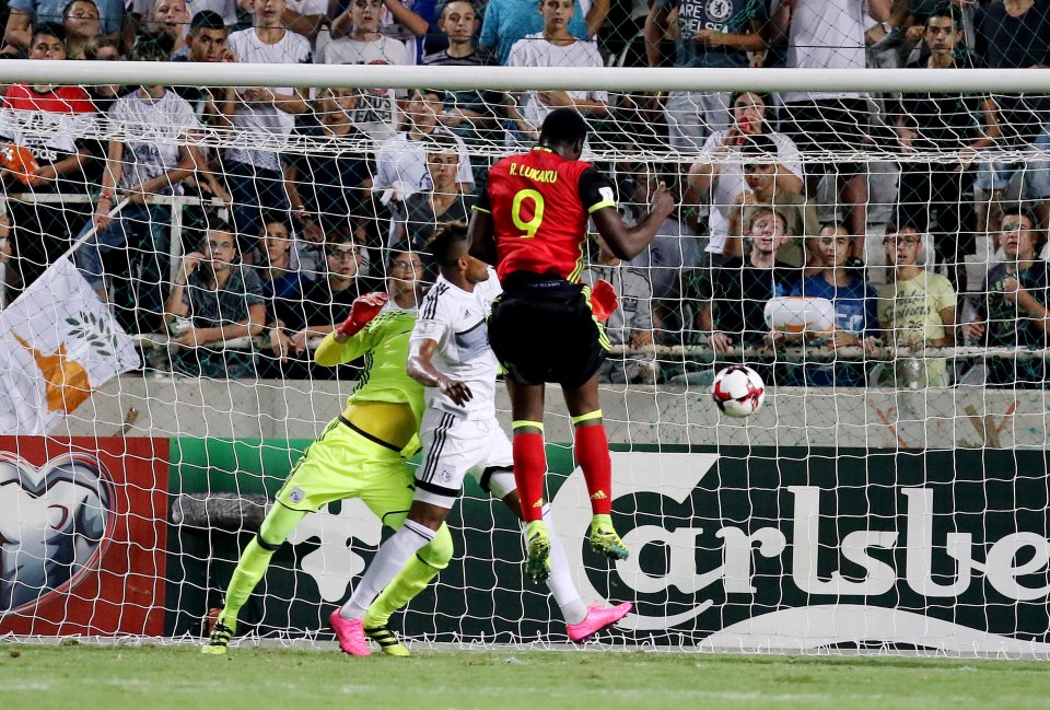  Romelu Lukaku heads in for his second of the match against Cyprus