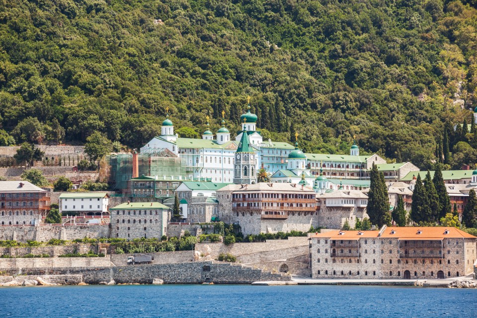  Russian Orthodox monastery built on the southwest side of the peninsula of Mt. Athos in Greece