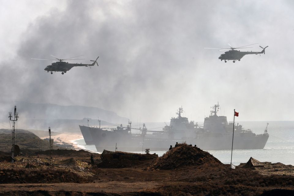 The massive military exercise in Crimea today involved gunships repelling a mock invasion from the sea