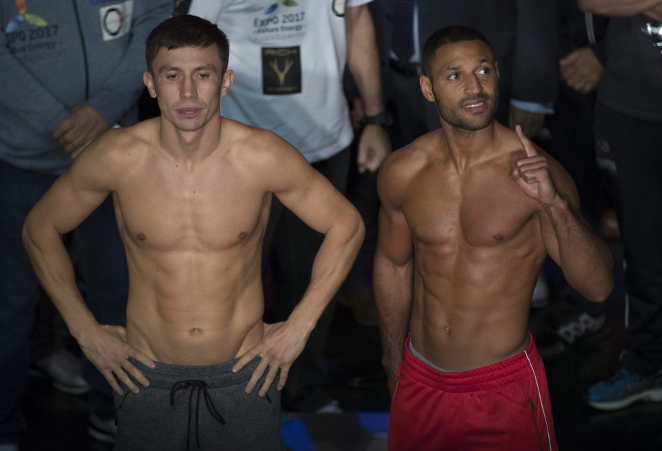  The two boxers pose for the cameras, Kell Brook looking relaxed, while Gennady Golovkin maintained a steely focus