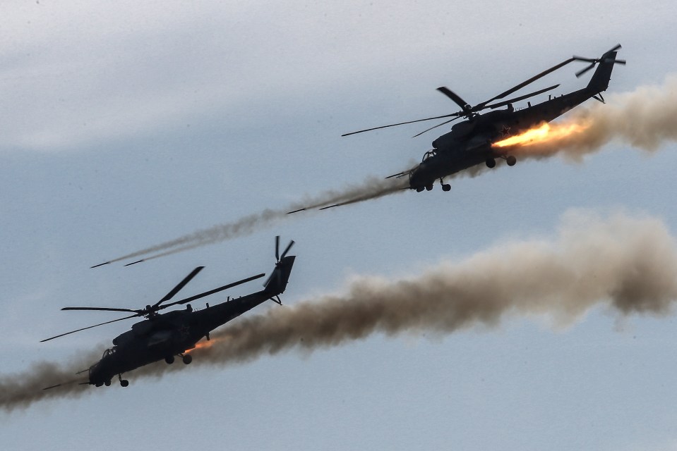 Mil-mi-35 attack helicopters during the drill in Crime today 