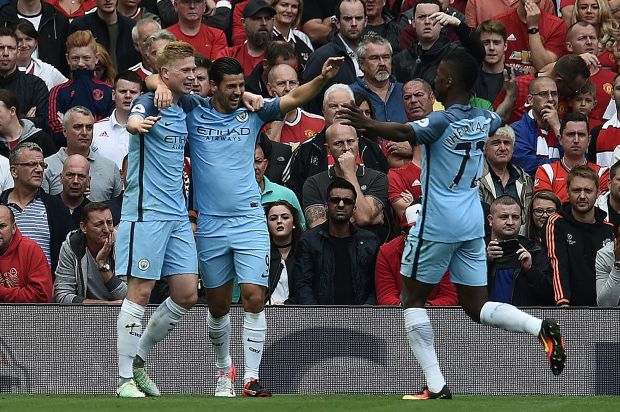 De Bruyne celebrates his strike with Nolito and Kelechi Iheanacho