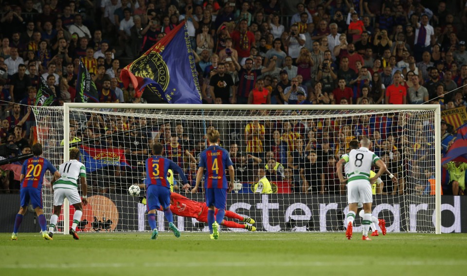 Moussa Dembele's penalty is saved by Barcelona keeper Marc-Andre ter Stegen at the Nou Camp