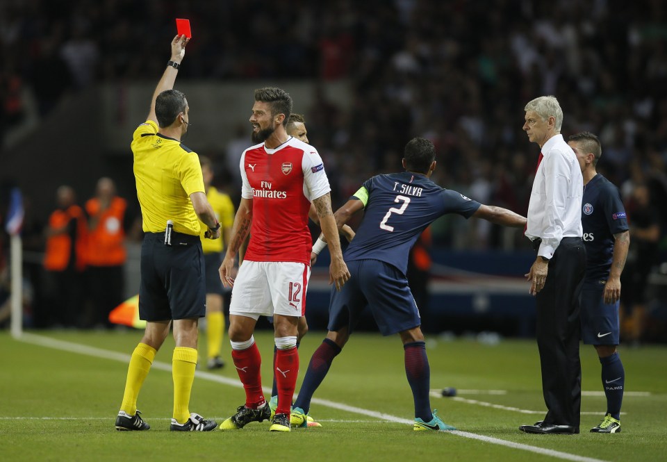 Olivier Giroud is shown the red card in injury time to spoil the night for Arsenal