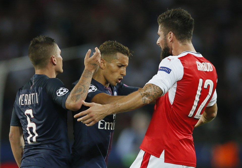 Olivier Giroud and Marco Verratti clash before they were sent off in stoppage time