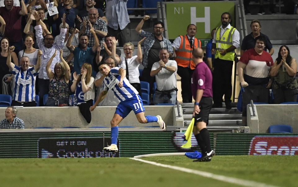  Brighton's Anthony Knockaert celebrates scoring the winner against Huddersfield