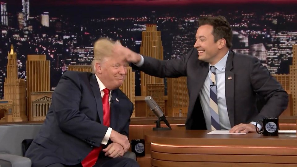 Trump's famous hair was wildly messed up when he appeared he Tonight Show on Thursday 