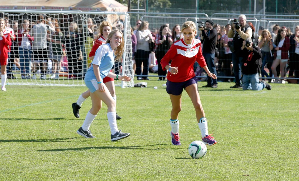 Riley showcases her footy skills during the annual celebrity Soccer Six event in 2014