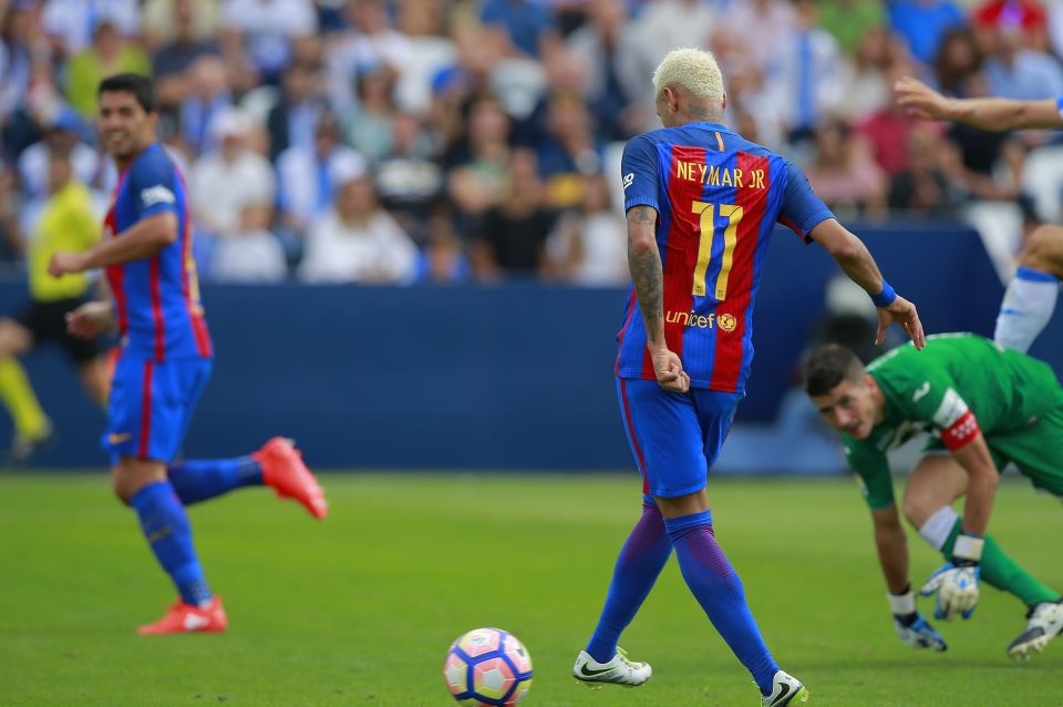  Luis Suarez is already celebrating as Neymar makes it 3-0 before half-time