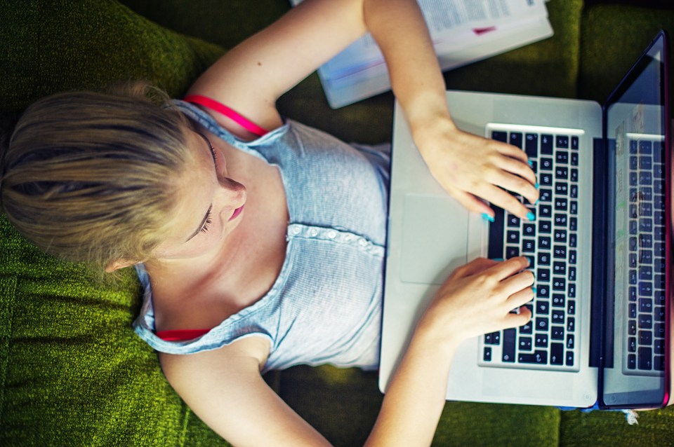 Girl sitting on sofa, wworking with notebook