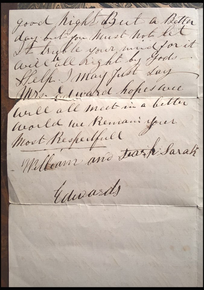  A letter from her friends William and Sarah Edwards, who cared for Cotton's child after her arrest, informs the murderer of how her daughter is doing