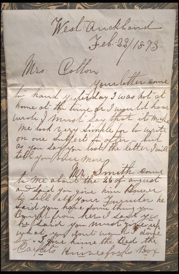  A letter from Cotton's ledger William Lowrey tells how her solicitor George Smith came to the house to obtain items to sell to cover her legal costs