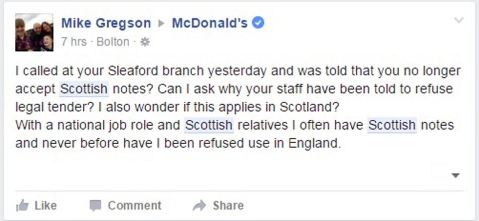  Angry customer Mike Gregson has blasted McDonald's for not accepting "legal tender"