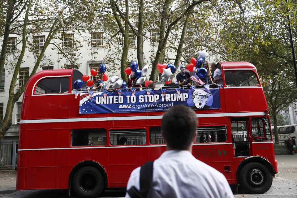  People in London have been surprised to see the traditional red double decker decked out with American flags