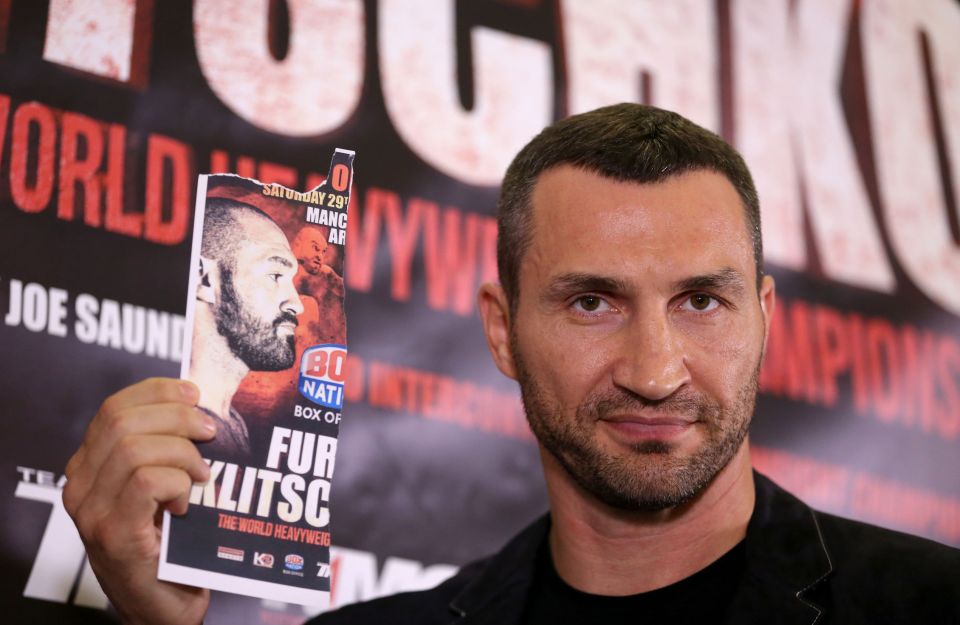 Wladimir Klitschko during a press conference, where Tyson Fury did not appear