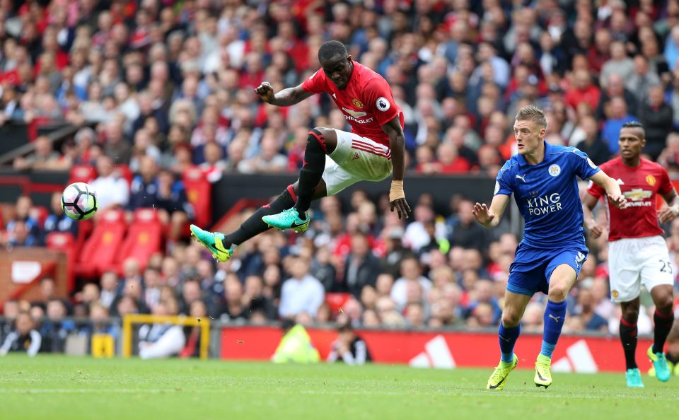 MANCHESTER, ENGLAND - SEPTEMBER 24: Eric Bailly of Manchester United with Jamie Vardy of Leicester City during the Premier League match between Manchester United and Leicester City at Old Trafford on September 24th, 2016 in Manchester, United Kingdom. (Photo by Plumb Images/Leicester City FC via Getty Images)