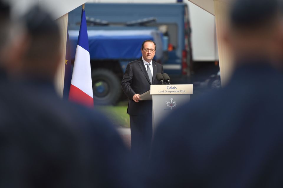  French President Francois Hollande delivers a speech during a visit to the Gendarmerie of Calais