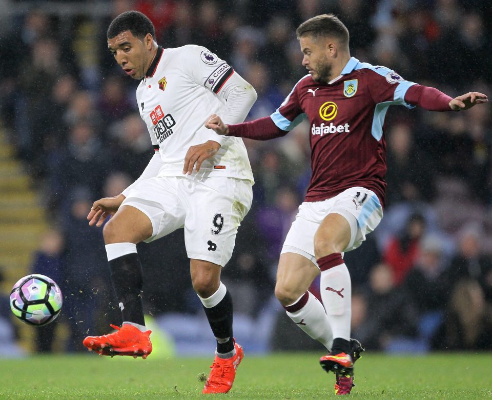  Deeney battles with Burnley's Michael Kightly in Monday's 2-0 loss