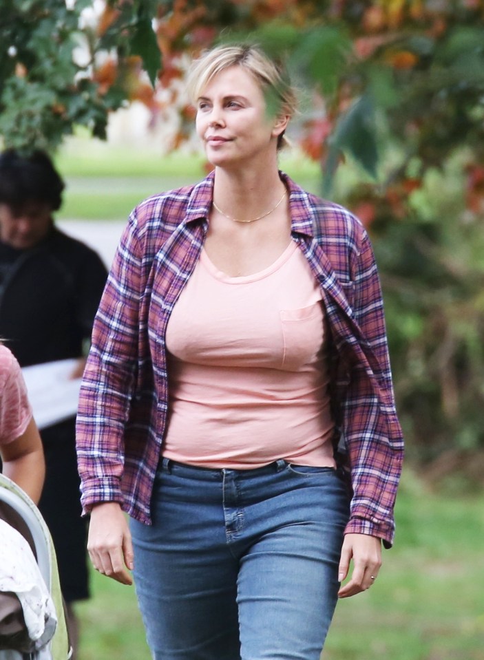  Dressed in a dowdy pair of jeans, t-shirt and checked shirt, the Hollywood actress plays a mother-of-three