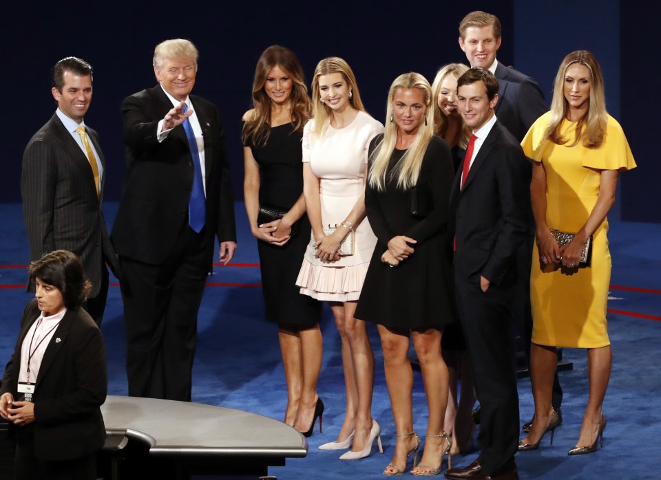  Republican presidential nominee Donald Trump, second from left, his wife Melania Trump, third from left, and family members appear on stage after the presidential debate