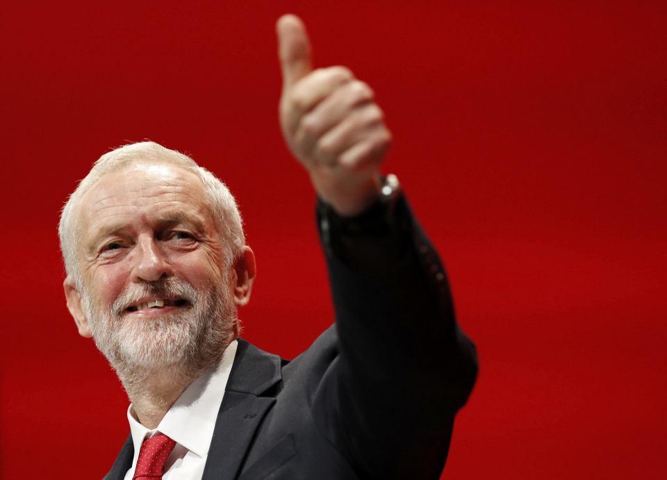  Britain's Labour Party leader Jeremy Corbyn gestures as he took to the stage to deliver his keynote speech at the Labour Party conference