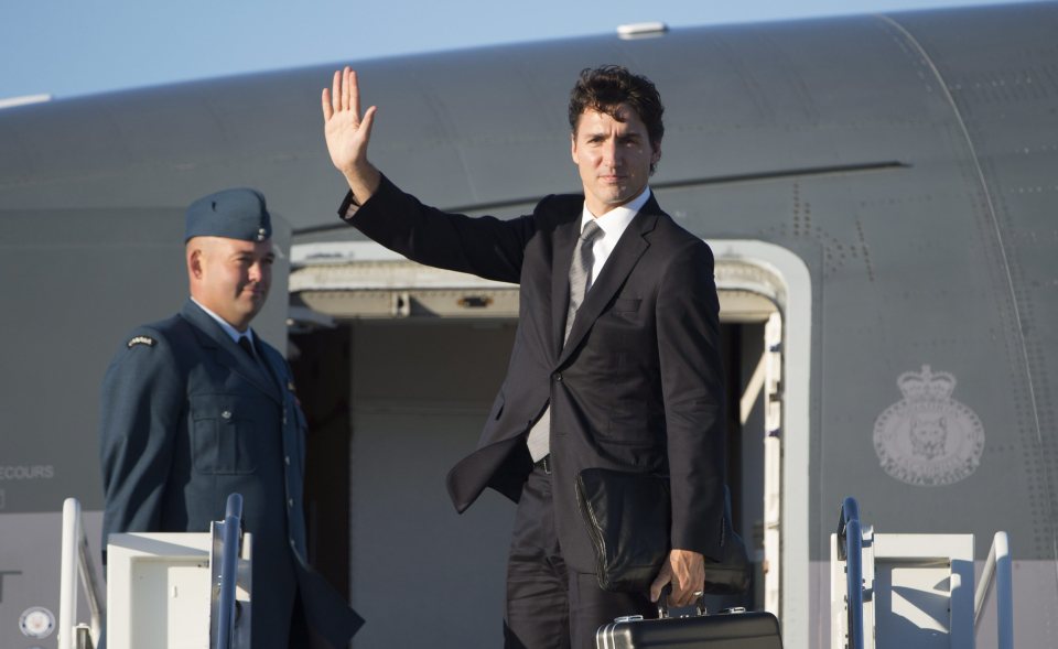 Canadian PM Justin Trudeau was pictured boarding a plane to Israel this afternoon for the funeral