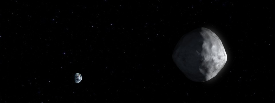 An artist's impression of Bennu passing Earth