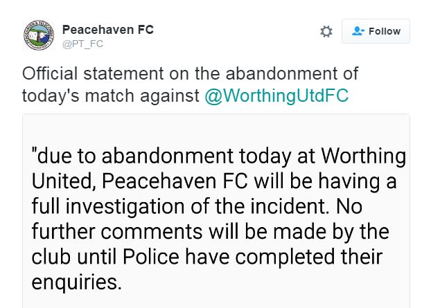  Peacehaven FC released this statement on Twitter after the unsavoury incident