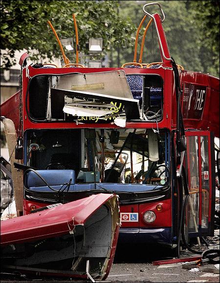  Wreckage of the No30 bus torn apart by suicide bomber in Tavistock Sq, London, on July 7, 2005.