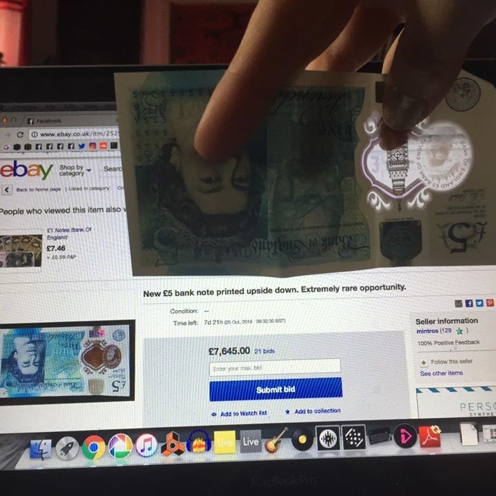  The topsy-turvy fiver attracted £7,645 in bids from gullible buyers keen to snap up the  'extremely rare' note