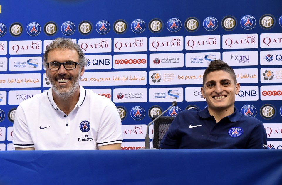 DOHA, QATAR - DECEMBER 29: Head coach PSG Laurent Blanc (L) and Marco Verratti attend during a press conference at Al Sadd Stadium on December 29, 2015 in Doha, Qatar. (Photo by Claudio Villa - Inter/Inter via Getty Images)