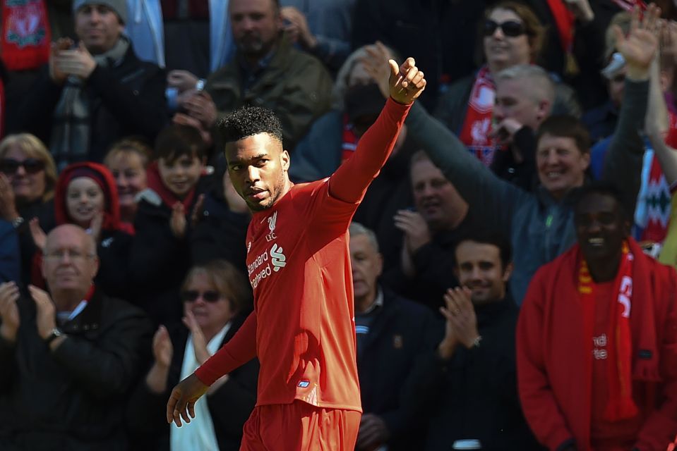 Liverpool's English striker Daniel Sturridge celebrates scoring the opening goal during the English Premier League football match between Liverpool and Newcastle United at Anfield in Liverpool, north west England on April 23, 2016. / AFP / PAUL ELLIS / RESTRICTED TO EDITORIAL USE. No use with unauthorized audio, video, data, fixture lists, club/league logos or 'live' services. Online in-match use limited to 75 images, no video emulation. No use in betting, games or single club/league/player publications. / (Photo credit should read PAUL ELLIS/AFP/Getty Images)