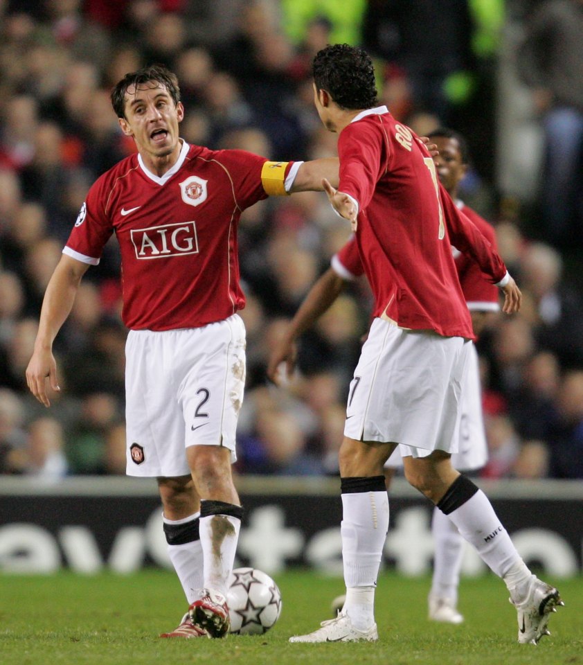 MANCHESTER, ENGLAND - DECEMBER 6: Gary Neville of Manchester United berates teammate Cristiano Ronaldo during the UEFA Champions League match between Manchester United and Benfica at Old Trafford on December 6 2006 in Manchester, England. (Photo by John Peters/Manchester United via Getty Images)