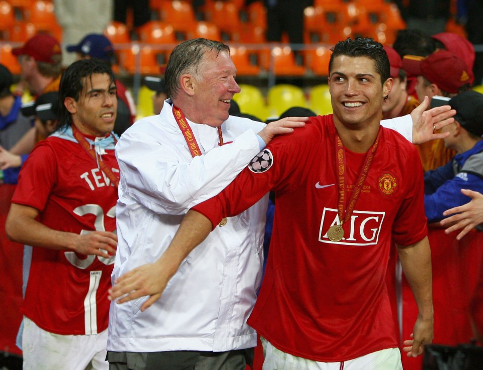 MOSCOW - MAY 21: Manchester United manager Sir Alex Ferguson (C) smiles with Cristiano Ronaldo of Manchester United after the UEFA Champions League Final match between Manchester United and Chelsea at the Luzhniki Stadium on May 21, 2008 in Moscow, Russia. (Photo by Alex Livesey/Getty Images)