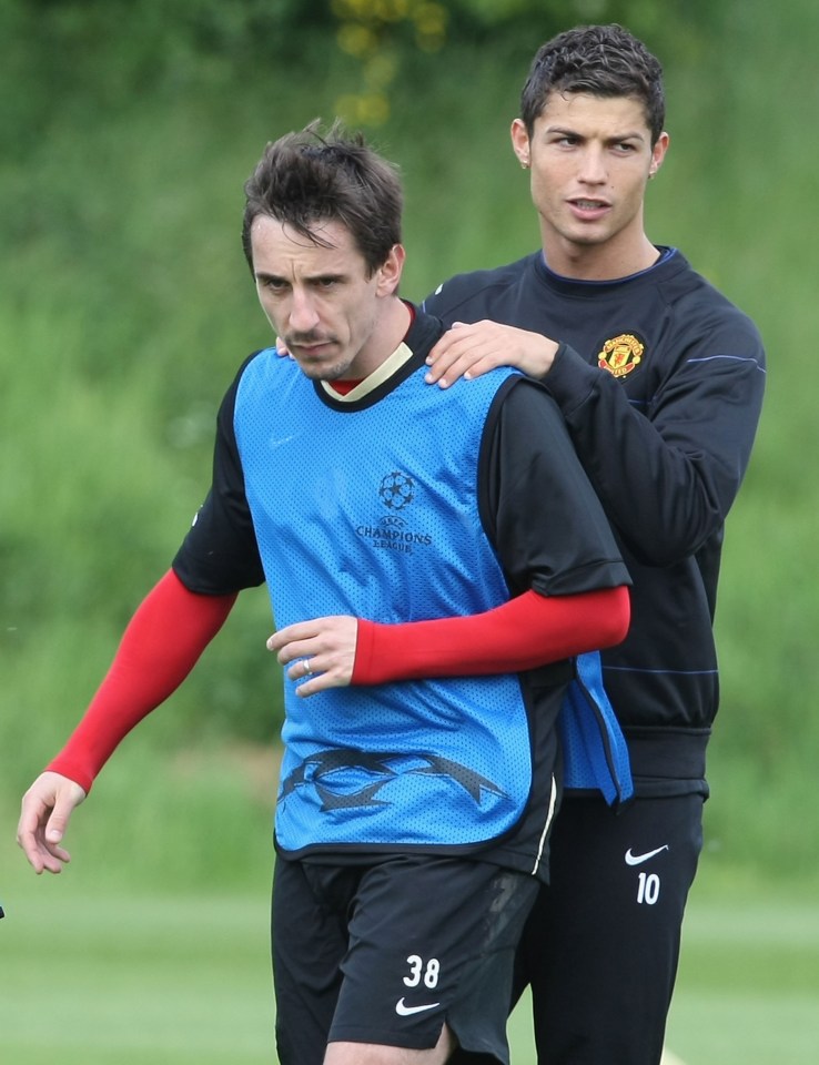 MANCHESTER, ENGLAND - MAY 20: Gary Neville and Cristiano Ronaldo of Manchester United in action during a first team training session at Carrington Training Ground on May 20 2009, in Manchester, England. (Photo by Matthew Peters/Manchester United via Getty Images)