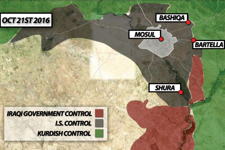  A map showing the control of territory around Mosul on 21 October