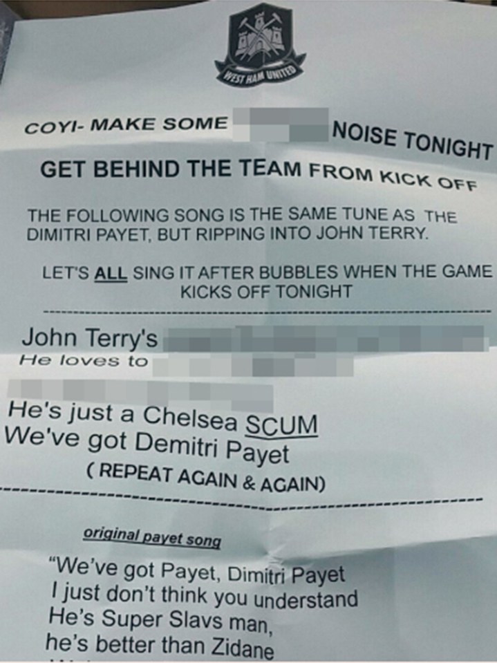  A song sheet containing homophobic lyrics about John Terry was handed out by a West Ham fan