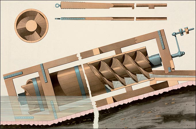  Clever machine. Archimedes' screw, his most famous invention, lifts water when it turns. This device was used in irrigation and pumping out floodwater.