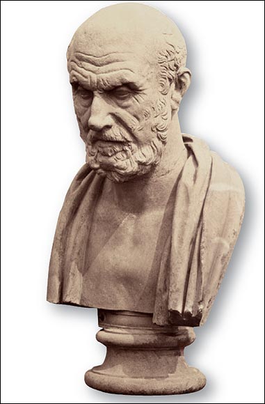  Good doctor. Bust of Hippocrates (c.460 BC - 377 BC), another revolutionary thinker in Ancient Greece, who rejected superstitious ideas about disease, and put medicine on a scientific footing.