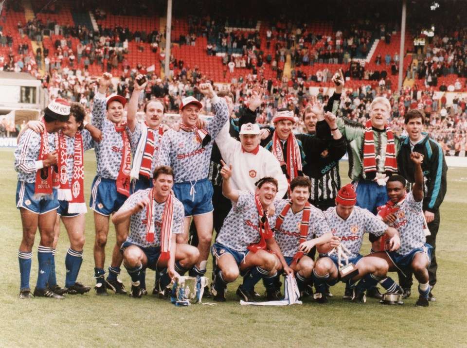 Manchester United celebrate winning the 1992 Rumballows Cup at Wembley