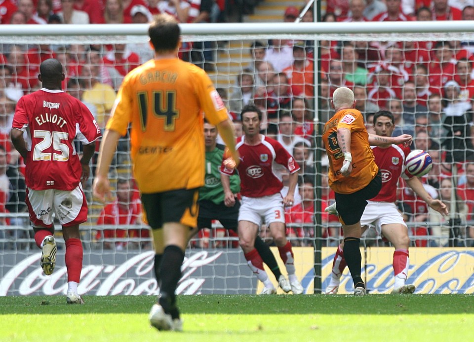 Hull City's Windass scores the opening goal of the 2008 Championship play-off final which was his crowning moment in the game