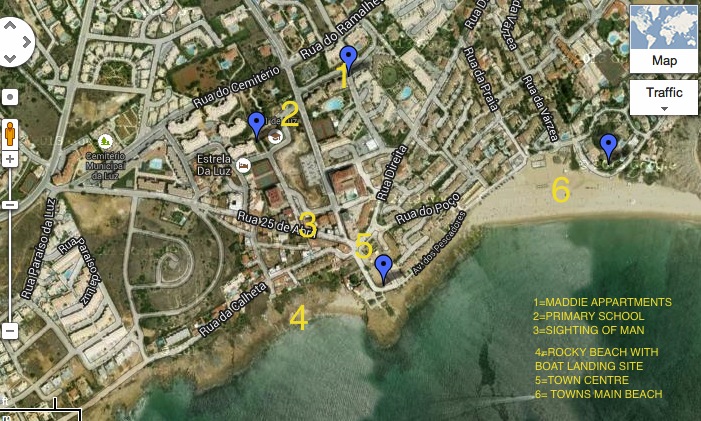  Satelite image of Praia Da Luz showing possible routes taken by the person who abducted Madeleine McCann