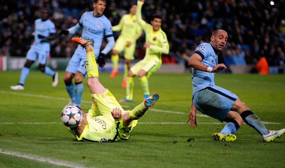 Pablo Zabaleta goes toe-to-toe with Lionel Messi in the last 16 of the Champions League 18 months ago