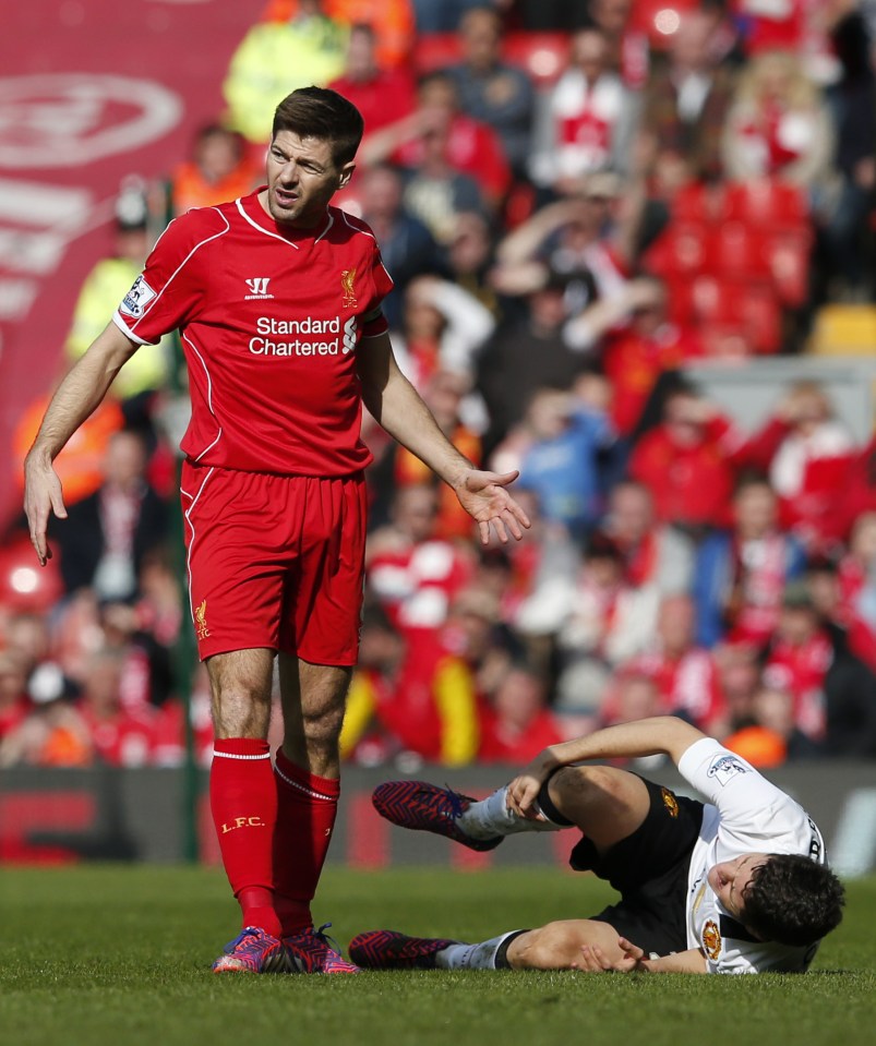 Steven Gerrard receives a red for a studs-up tackle on Ander Herrera