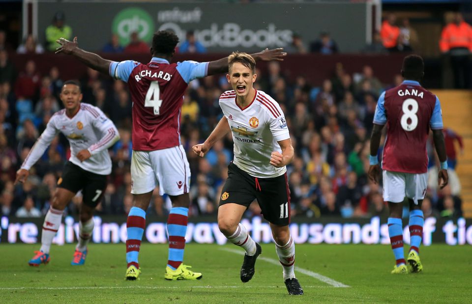 Manchester United's Adnan Januzaj celebrates scoring his side's first goal of the game during the Barclays Premier League match at Villa Park, Birmingham. PRESS ASSOCIATION Photo. Picture date: Friday August 14, 2015. See PA story SOCCER Villa. Photo credit should read: Nick Potts/PA Wire. RESTRICTIONS: Editorial use only. Maximum 45 images during a match. No video emulation or promotion as "live". No use in games, competitions, merchandise, betting or single club/player services. No use with unofficial audio, video, data, fixtures, or club/league logos.